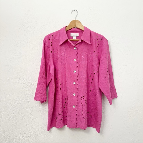 Susan Graver Tops - Susan Graver Linen Blend Cutout Embroidered Shirt Shacket Pink